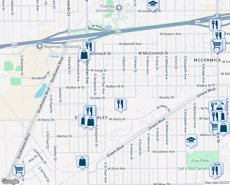 map of restaurants, bars, coffee shops, grocery stores, and more near 2101 Walker West Street in Wichita