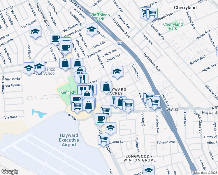 map of restaurants, bars, coffee shops, grocery stores, and more near 20367 Royal Avenue in Hayward