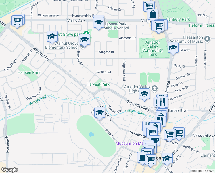 map of restaurants, bars, coffee shops, grocery stores, and more near 4803 Del Valle Parkway in Pleasanton