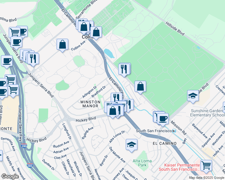 map of restaurants, bars, coffee shops, grocery stores, and more near 1 Elkwood Drive in South San Francisco