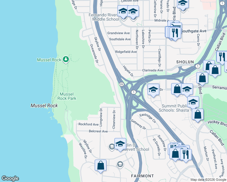 map of restaurants, bars, coffee shops, grocery stores, and more near 910 Skyline Drive in Daly City