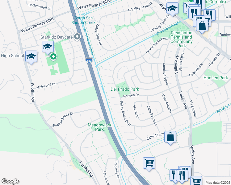 map of restaurants, bars, coffee shops, grocery stores, and more near 6906 Corte Barcelona in Pleasanton