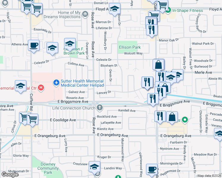 map of restaurants, bars, coffee shops, grocery stores, and more near 1833 Fairfax Avenue in Modesto