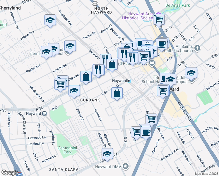 map of restaurants, bars, coffee shops, grocery stores, and more near 581 B Street in Hayward