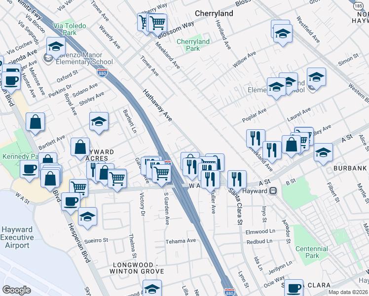 map of restaurants, bars, coffee shops, grocery stores, and more near 218 Hathaway Court in Hayward