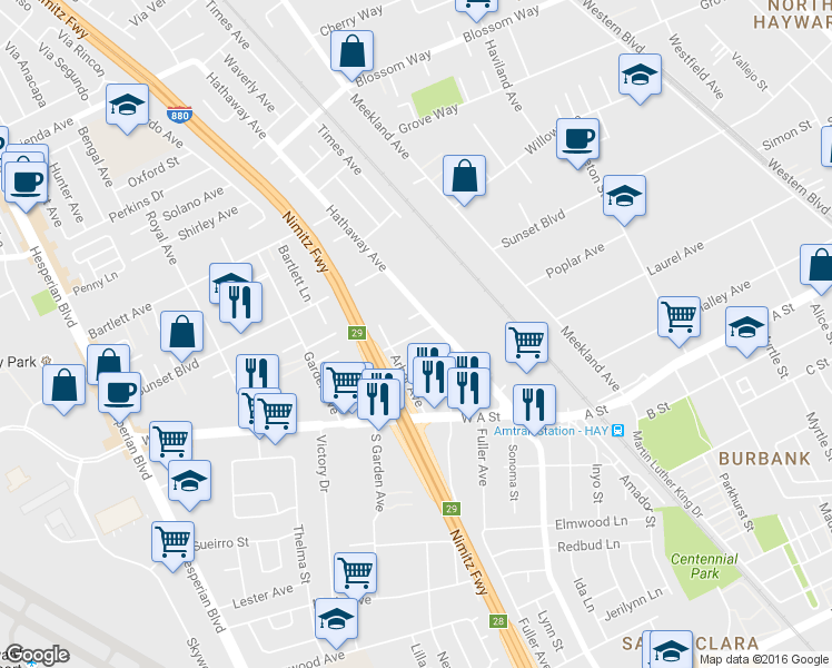 map of restaurants, bars, coffee shops, grocery stores, and more near 218 Hathaway Court in Hayward