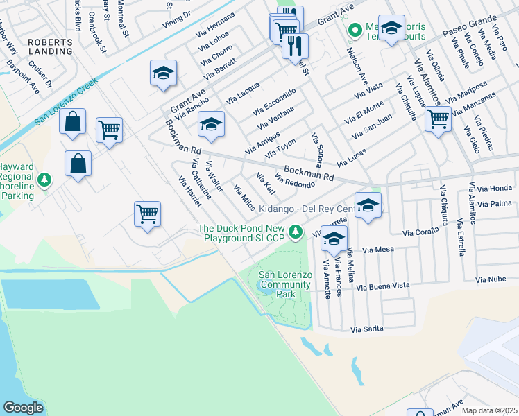 map of restaurants, bars, coffee shops, grocery stores, and more near 16155 Vía Owen in San Lorenzo