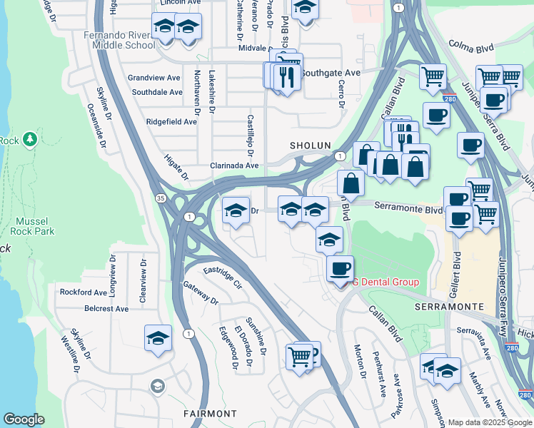 map of restaurants, bars, coffee shops, grocery stores, and more near 85 Kent Court in Daly City