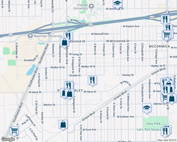 map of restaurants, bars, coffee shops, grocery stores, and more near 2101 Walker West Street in Wichita