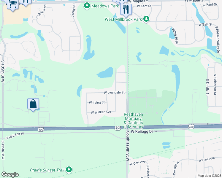 map of restaurants, bars, coffee shops, grocery stores, and more near 12220 W Lynndale St in Wichita