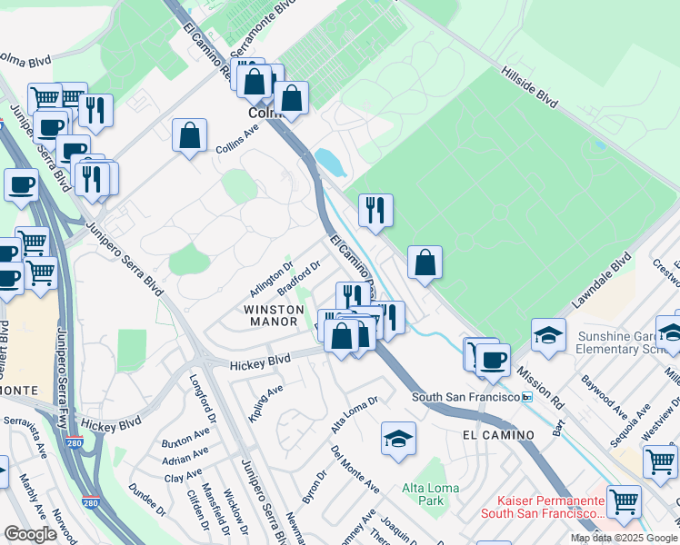 map of restaurants, bars, coffee shops, grocery stores, and more near 1 Elkwood Drive in South San Francisco