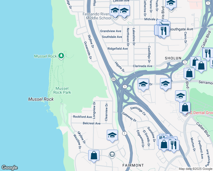 map of restaurants, bars, coffee shops, grocery stores, and more near 910 Skyline Drive in Daly City