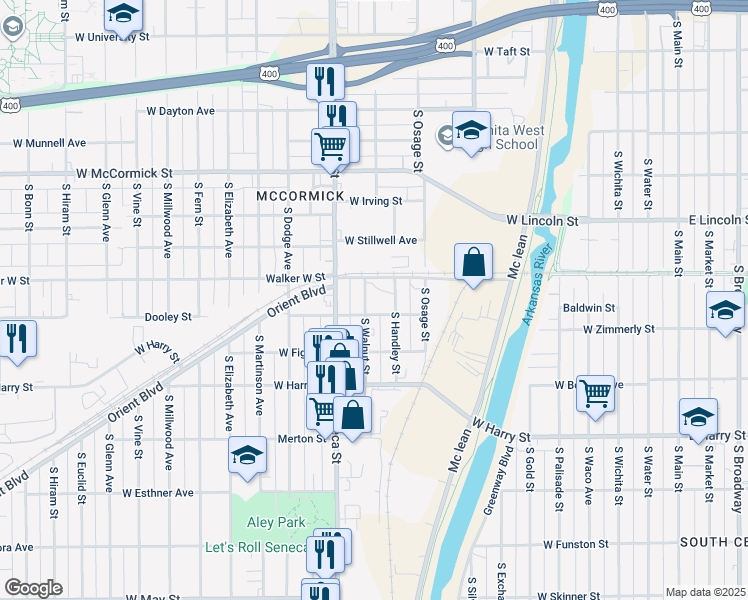 map of restaurants, bars, coffee shops, grocery stores, and more near 1326 South Walnut Street in Wichita