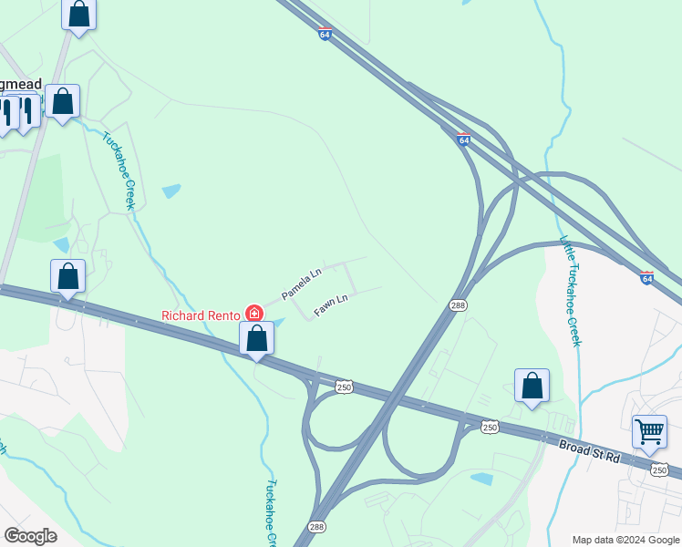 map of restaurants, bars, coffee shops, grocery stores, and more near 12660 Pamela Lane in Henrico