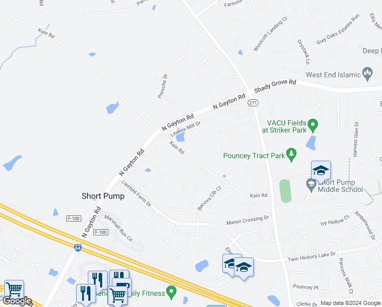 map of restaurants, bars, coffee shops, grocery stores, and more near 12252 Kain Road in Glen Allen