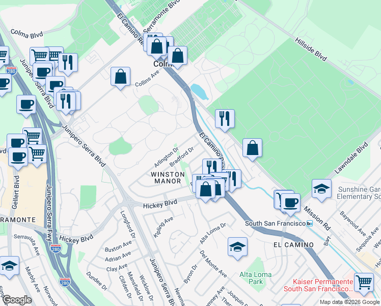 map of restaurants, bars, coffee shops, grocery stores, and more near 6 Bradford Drive in South San Francisco