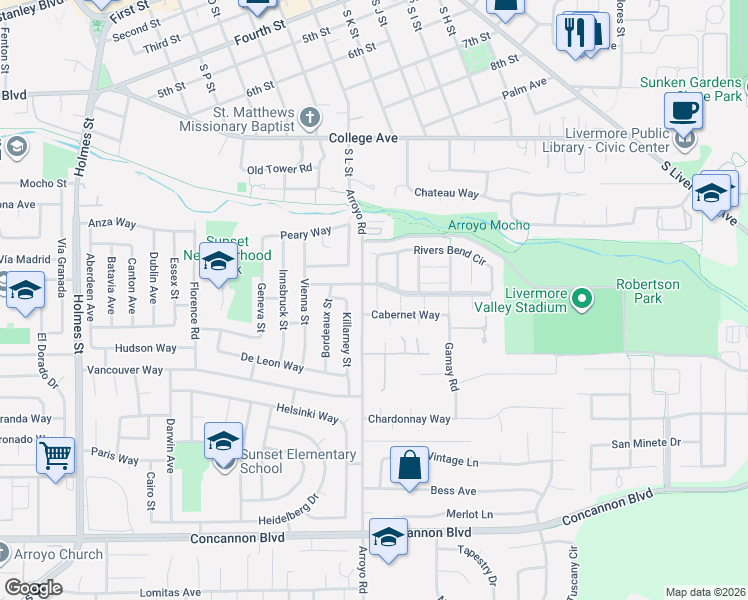 map of restaurants, bars, coffee shops, grocery stores, and more near 2023 Rivers Bend Circle in Livermore