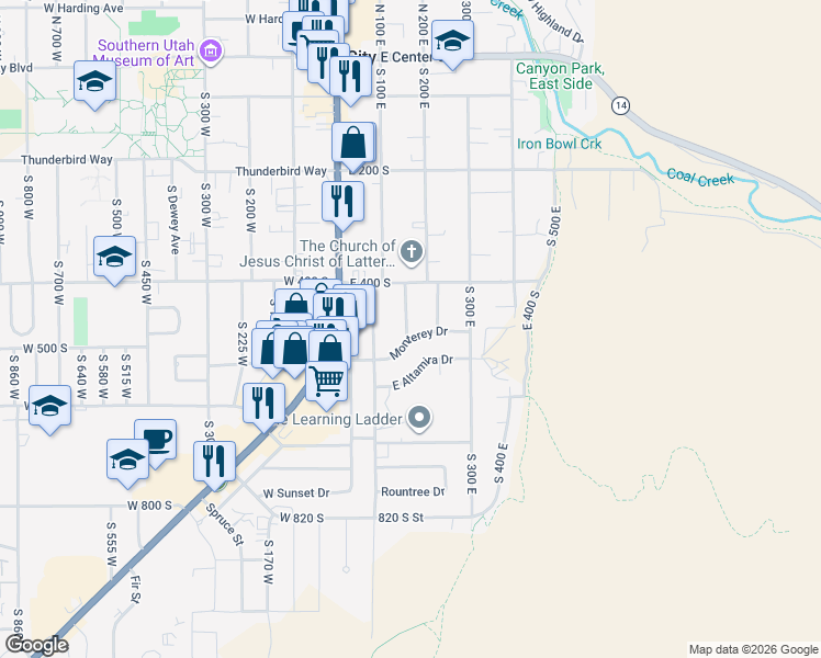 map of restaurants, bars, coffee shops, grocery stores, and more near 469 South 150 East in Cedar City