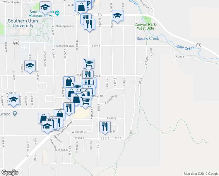 map of restaurants, bars, coffee shops, grocery stores, and more near 173 Monterey Drive in Cedar City