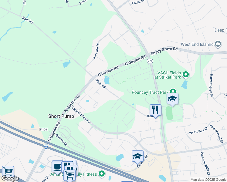 map of restaurants, bars, coffee shops, grocery stores, and more near 12252 Kain Road in Glen Allen
