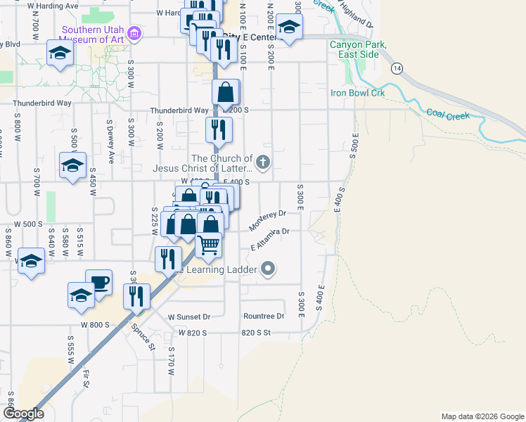 map of restaurants, bars, coffee shops, grocery stores, and more near 469 South 150 East in Cedar City