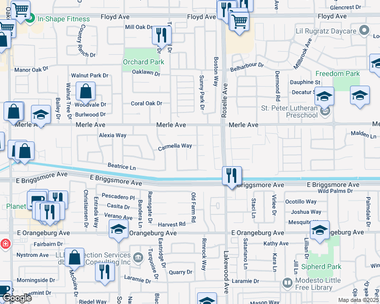 map of restaurants, bars, coffee shops, grocery stores, and more near 2833 Carmella Way in Modesto