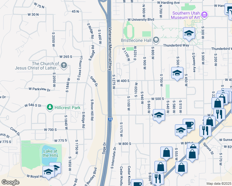 map of restaurants, bars, coffee shops, grocery stores, and more near 1275 West 425 South in Cedar City