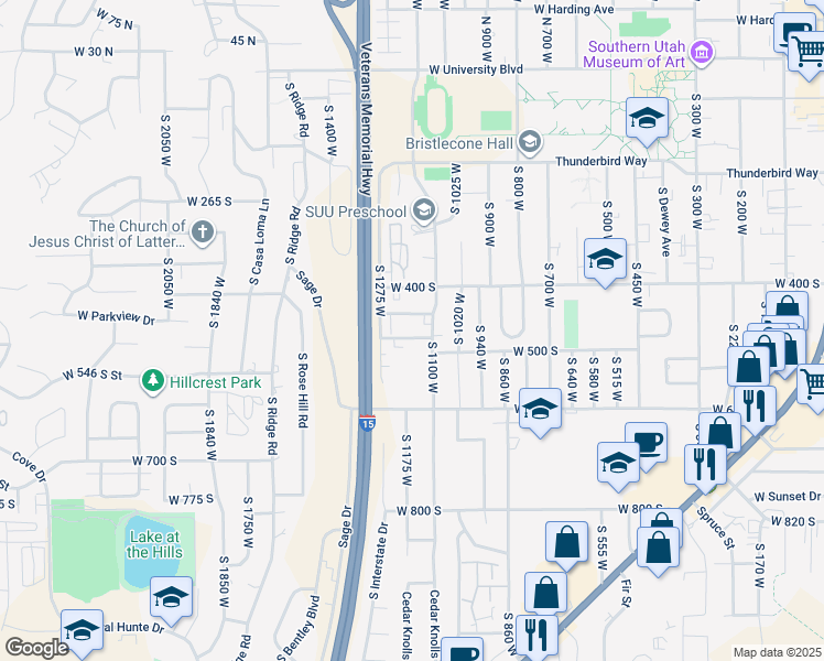 map of restaurants, bars, coffee shops, grocery stores, and more near 1164 West 475 South in Cedar City