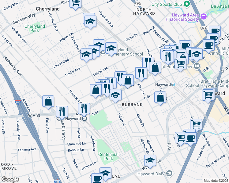 map of restaurants, bars, coffee shops, grocery stores, and more near 344 A Street in Hayward