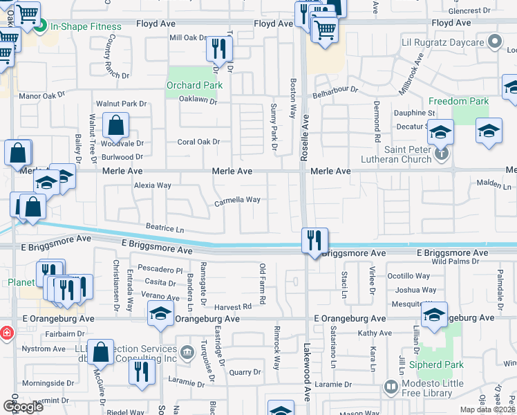 map of restaurants, bars, coffee shops, grocery stores, and more near 2833 Carmella Way in Modesto