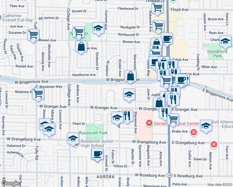 map of restaurants, bars, coffee shops, grocery stores, and more near 500 Gayle Avenue in Modesto