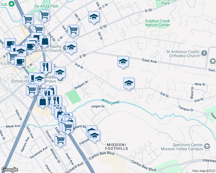 map of restaurants, bars, coffee shops, grocery stores, and more near 24336 2nd Street in Hayward