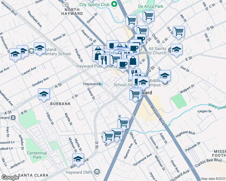 map of restaurants, bars, coffee shops, grocery stores, and more near 610 Atherton Place in Hayward