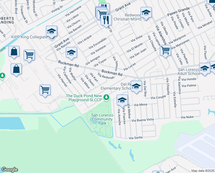 map of restaurants, bars, coffee shops, grocery stores, and more near 1766 Vía Natal in San Lorenzo