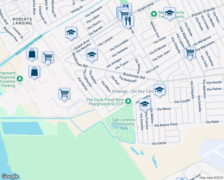 map of restaurants, bars, coffee shops, grocery stores, and more near 16155 Vía Owen in San Lorenzo