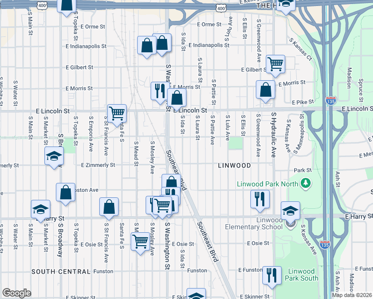 map of restaurants, bars, coffee shops, grocery stores, and more near 1115 East Bayley Street in Wichita