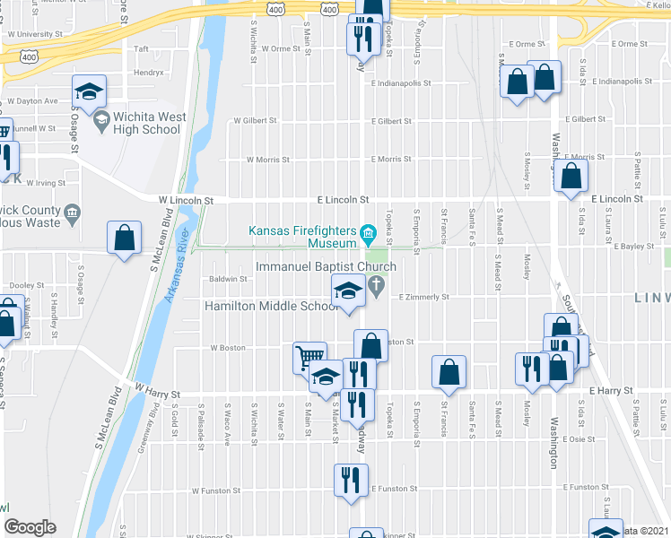 map of restaurants, bars, coffee shops, grocery stores, and more near 1306 South Market Street in Wichita