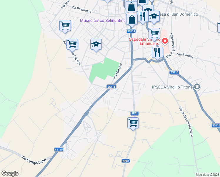 map of restaurants, bars, coffee shops, grocery stores, and more near 142 Via Campobello in Castelvetrano