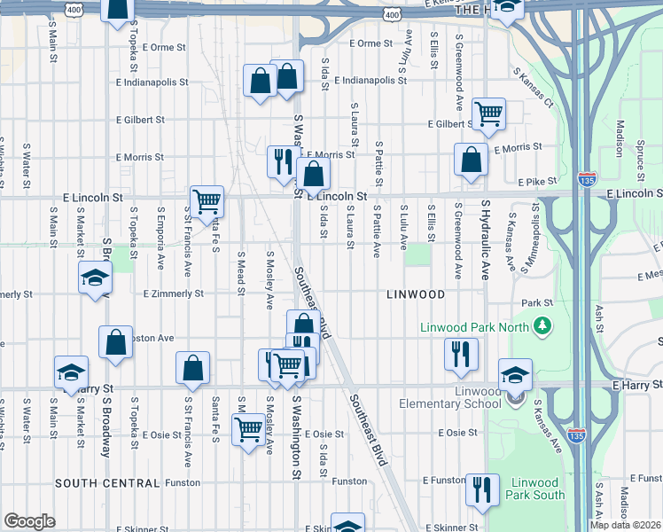 map of restaurants, bars, coffee shops, grocery stores, and more near 1115 East Bayley Street in Wichita