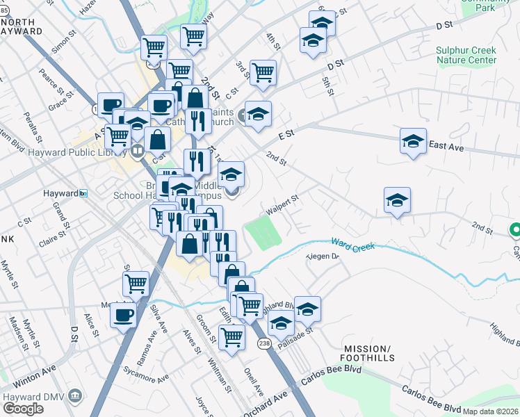 map of restaurants, bars, coffee shops, grocery stores, and more near 1112 Holmes Way in Hayward