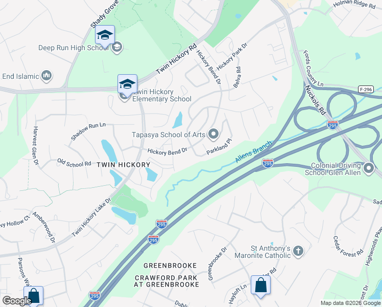 map of restaurants, bars, coffee shops, grocery stores, and more near 801 Parkland Place in Glen Allen