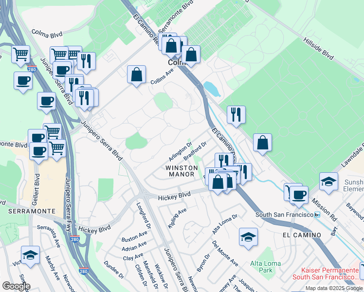 map of restaurants, bars, coffee shops, grocery stores, and more near 34 Arlington Drive in South San Francisco