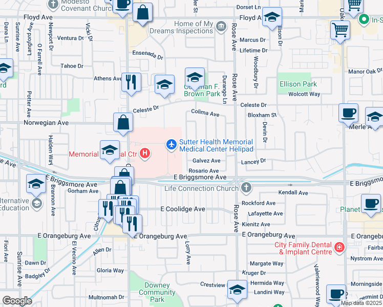 map of restaurants, bars, coffee shops, grocery stores, and more near 1516 Montecito Avenue in Modesto
