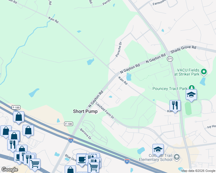 map of restaurants, bars, coffee shops, grocery stores, and more near 12384 Hepler Ridge Court in Glen Allen