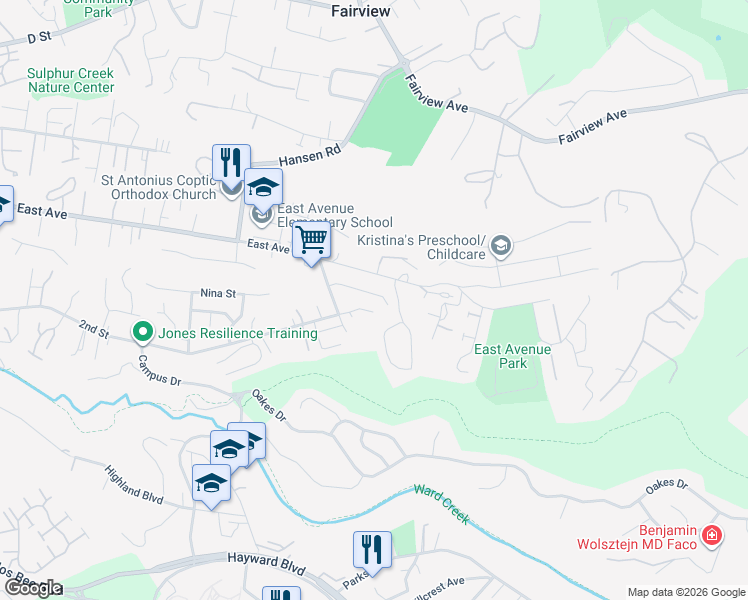 map of restaurants, bars, coffee shops, grocery stores, and more near 2907 Winchester Drive in Hayward