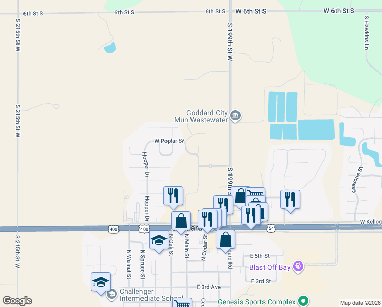 map of restaurants, bars, coffee shops, grocery stores, and more near West Poplar Street in Goddard