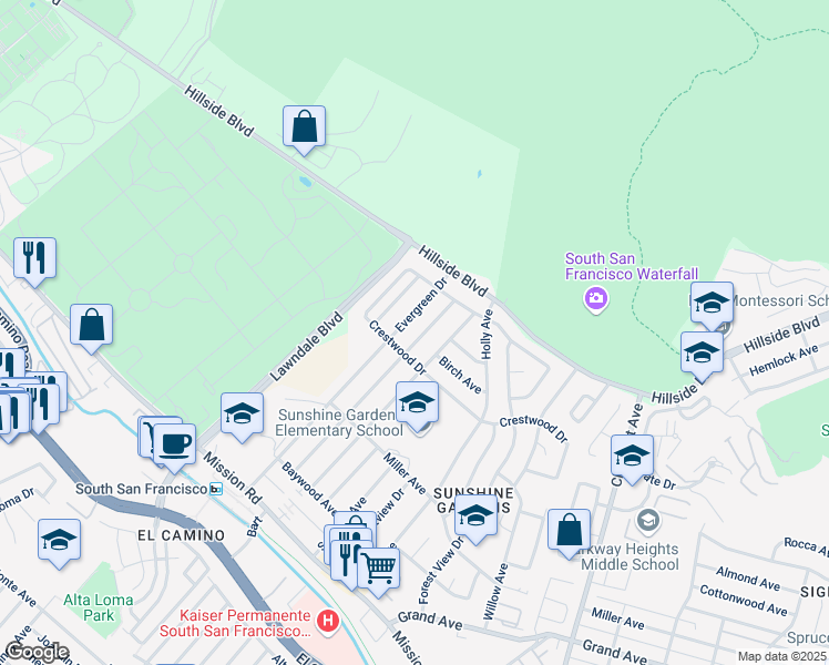 map of restaurants, bars, coffee shops, grocery stores, and more near 425 Ferndale Avenue in South San Francisco