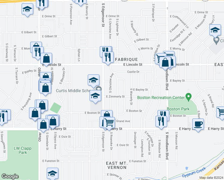 map of restaurants, bars, coffee shops, grocery stores, and more near 1030 South Christine Avenue in Wichita