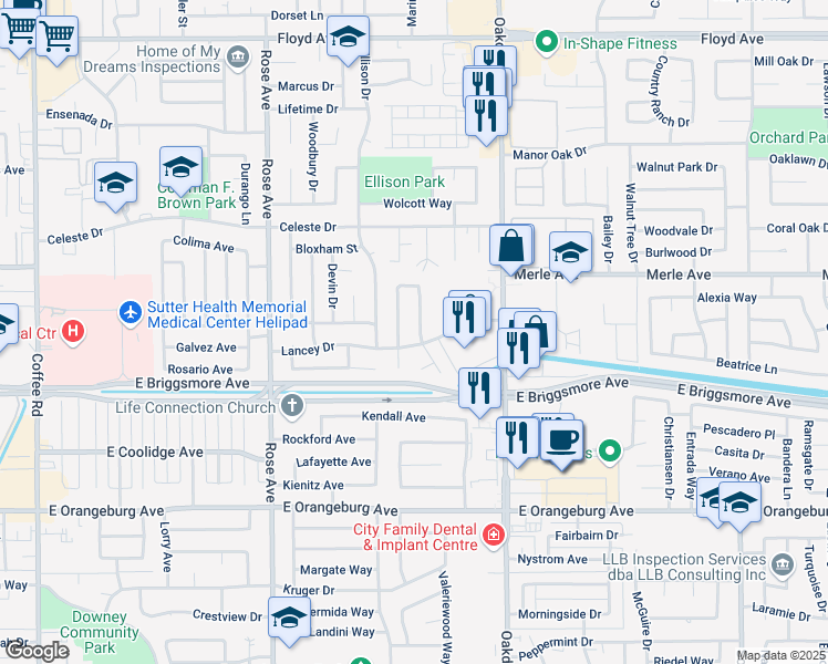 map of restaurants, bars, coffee shops, grocery stores, and more near 1716 Chartwell Place in Modesto