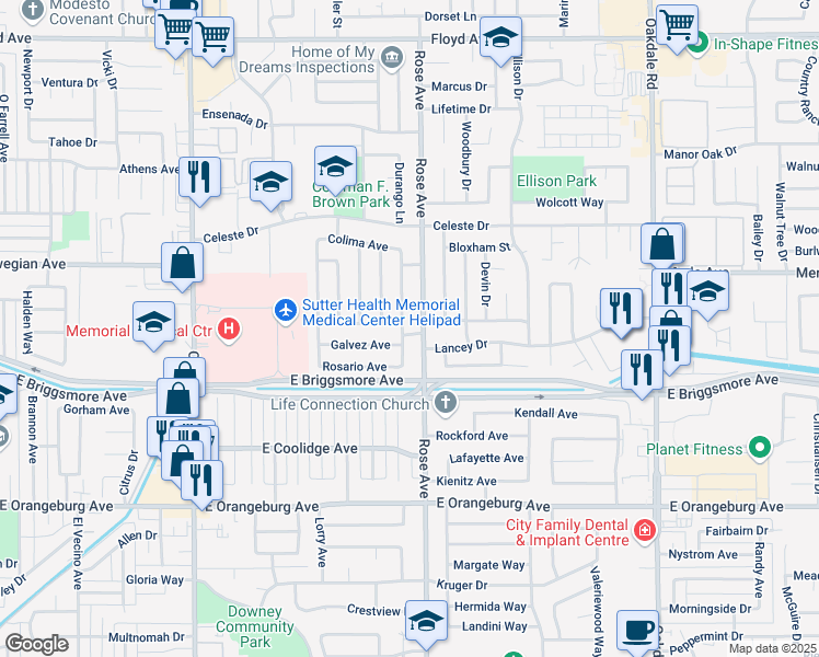 map of restaurants, bars, coffee shops, grocery stores, and more near 800 Vallejo Drive in Modesto